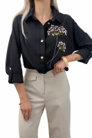 Koszula damska elegancka haftowane kwiaty – koszula wizytowa długi rękaw - czarny